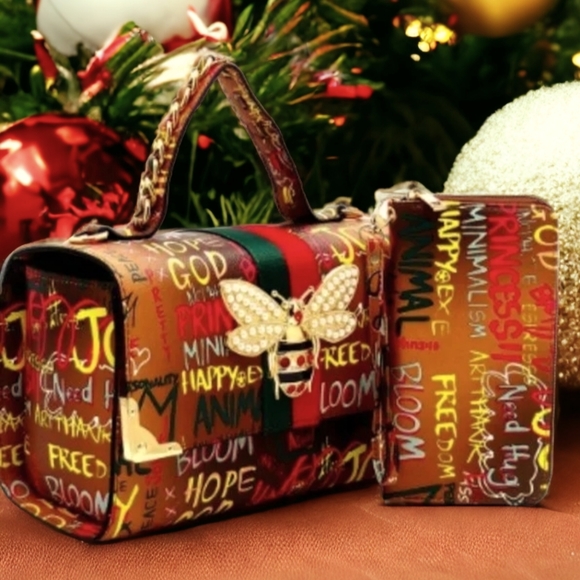 Preppy Cognac Billboard Print Designer Handbag and Wallet Set - Picture 2 of 4